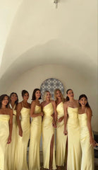 Yellow Satin Bridesmaids Prom Dress Long Formal Gown Evening Wear