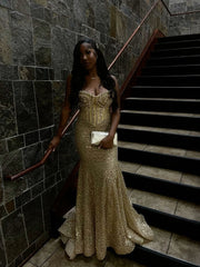 Gold Sequin Mermaid Long Prom Gown Evening Dress For Women