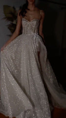 Elegant Spaghetti Straps Bohemian Wedding Dress with Sparkly Lace Details