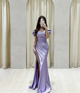 Lilac Satin Evening Gown Sleeveless Long Formal Prom Dress