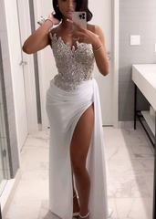 Stunning Long White A-Line Prom Dress with Slit Detailing