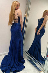 Elegant Royal Blue Spaghetti Straps Long Prom Dress For Women