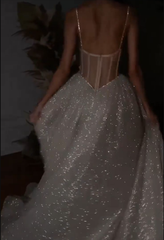 Elegant Spaghetti Straps Bohemian Wedding Dress with Sparkly Lace Details