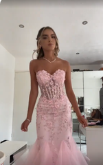 Stunning Mermaid Pink Tulle Long Prom Evening Formal Gown Dress