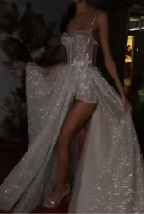 Elegant Spaghetti Straps Bohemian Wedding Dress with Sparkly Lace Details