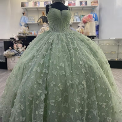 Sage Green 3D Butterfly Quinceanera Ball Gown with Crystal Corset