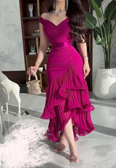 Elegant V-Neck Ruffled Irregular Hem Chiffon Evening Dress