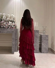 Women's Ankle-Length Sequin O-Neck Tiered Burgundy Evening Gown