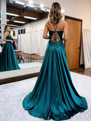 Elegant Long A Line Satin V Neck Prom Dresses With Lace