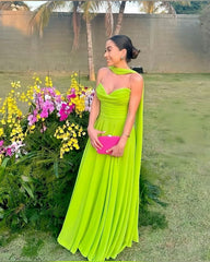 Bright Green Chiffon Long Prom Dress Formal Party Gown Buttons