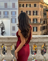 Burgundy Deep V Neck Prom Dress Evening Gown Satin Fabric