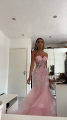 Stunning Mermaid Pink Tulle Long Prom Evening Formal Gown Dress