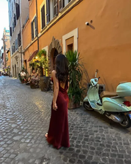 Burgundy Deep V Neck Prom Dress Evening Gown Satin Fabric