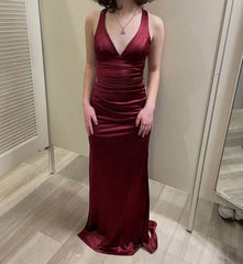 Burgundy V Neck Long Party Formal Prom Evening Wedding Dress