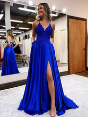 Elegant Long A Line Satin V Neck Prom Dresses With Lace