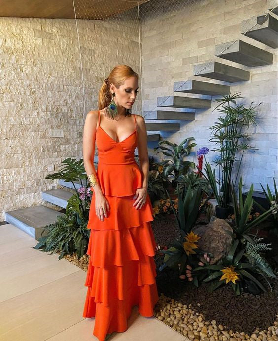 Satin Spaghetti Straps Layered Long Prom Dress with Built-In Bra