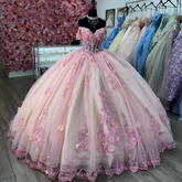 Pink Lace Applique 3D Floral Off-Shoulder Quinceanera Ball Gown