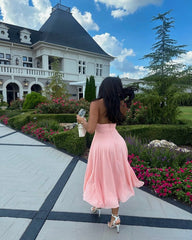 A-Line Pink Satin V-Neck Evening Dress Formal Prom Gown