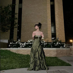 Long Satin Green Formal Party Gown Dress