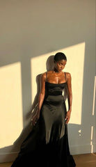 Black Satin Sleeveless Prom Dress with Built-In Bra and Zipper