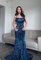 Blue Sequin Mermaid Prom Dress Long Evening Lace-Up Back