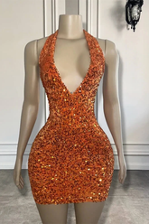 Sequin Halter V-Neck Backless Sparkly Homecoming Dress with Bra