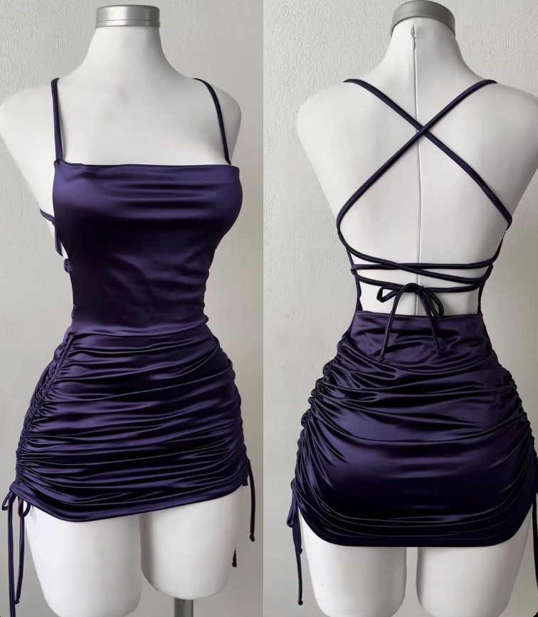Satin Spaghetti Strap Short Homecoming Dress Lace-Up Back Built-in Bra