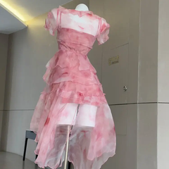 Pink Tulle A-Line Homecoming Dress Short Sleeve Party Gown