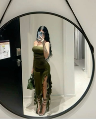 Olive Green Satin Strapless Tight Prom Evening Party Dress