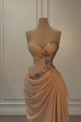 Champagne Mermaid Chiffon Prom Dress Pleated Lace Appliques Beading