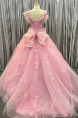 Pink Tulle Floral Lace Bow-Back Ball Gown with Flutter Sleeves