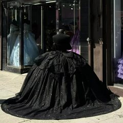 Shiny Black Ball Gown Quinceanera Dress with Beaded Crystal Bow