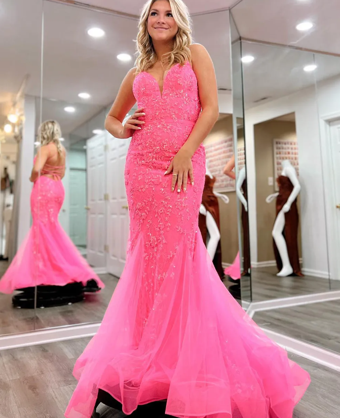Mermaid Spaghetti Strap Hot Pink Lace Tulle Long Prom Dress