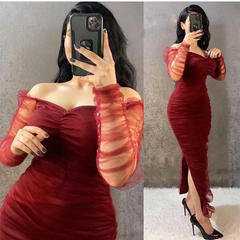 Off-Shoulder Tulle Sheath Evening Gown Long Sleeve Prom Dress