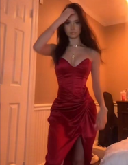 Burgundy Strapless Long Prom Evening Dress With Slit And Satin Fabric