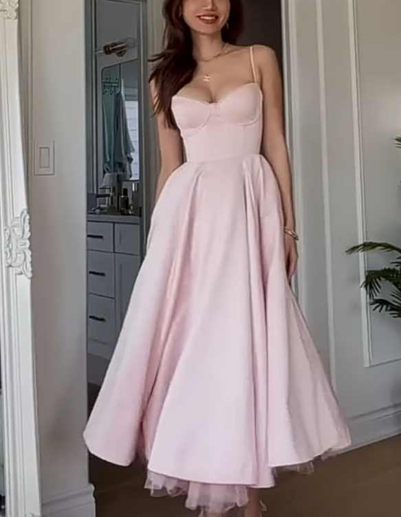 Satin Sleeveless Midi Evening Dress with Built-In Bra Pink