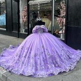 Lilac Off-Shoulder Ball Gown with 3D Floral Tulle Skirt