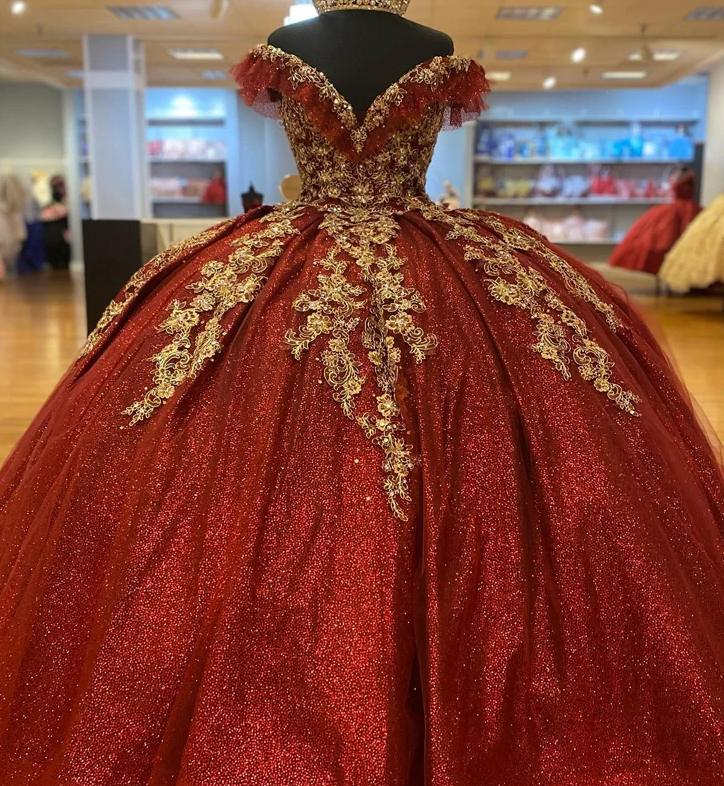 Dark Red Sequin Quinceanera Ball Gown Lace-Up Tulle Prom Dress