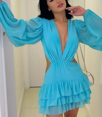 Chiffon Long Sleeve Deep V-Neck Short Prom Party Dress Elegant