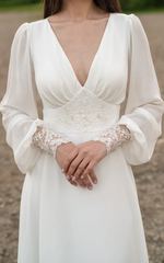 Ivory Lace Long-Sleeve Chiffon Wedding Gown with Button Back Train