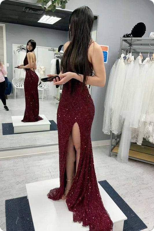 Sequined Mermaid Evening Gown Floor-Length Lace-Up Back Prom Dress
