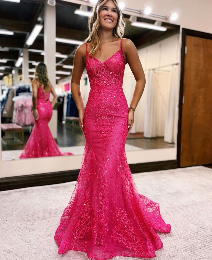 Mermaid Tulle Evening Gown Deep V Neck Spaghetti Straps