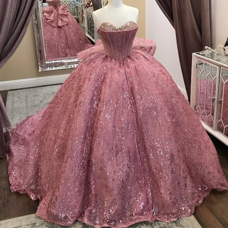 Pink Sequined Tulle Ball Gown Off-Shoulder Corset Quinceanera Dress