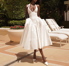 A-Line White Satin Halter Evening Dress Floor-Length Prom Gown