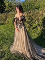 Off-Shoulder A-Line Tulle Prom Dress Long Evening Gown Lace-Up Back