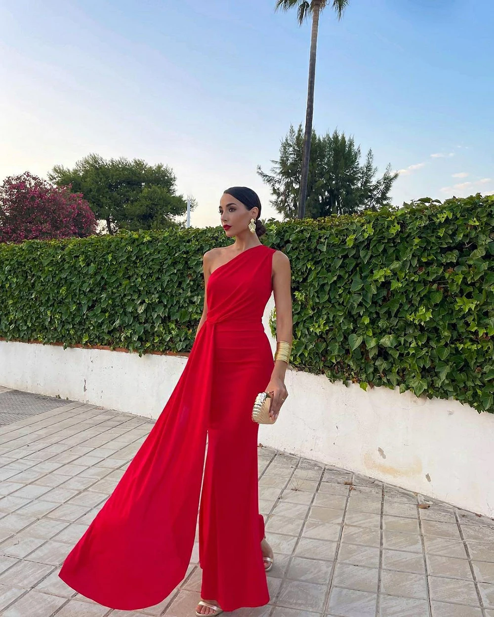 Elegant Red Mermaid One-Shoulder Prom Dress Chiffon Fitted Gown