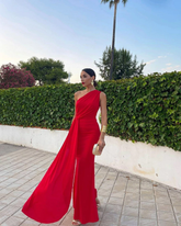 Elegant Red Mermaid One-Shoulder Prom Dress Chiffon Fitted Gown