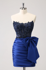 Tight Strapless Pleated Satin Short Homecoming Dress with Bow