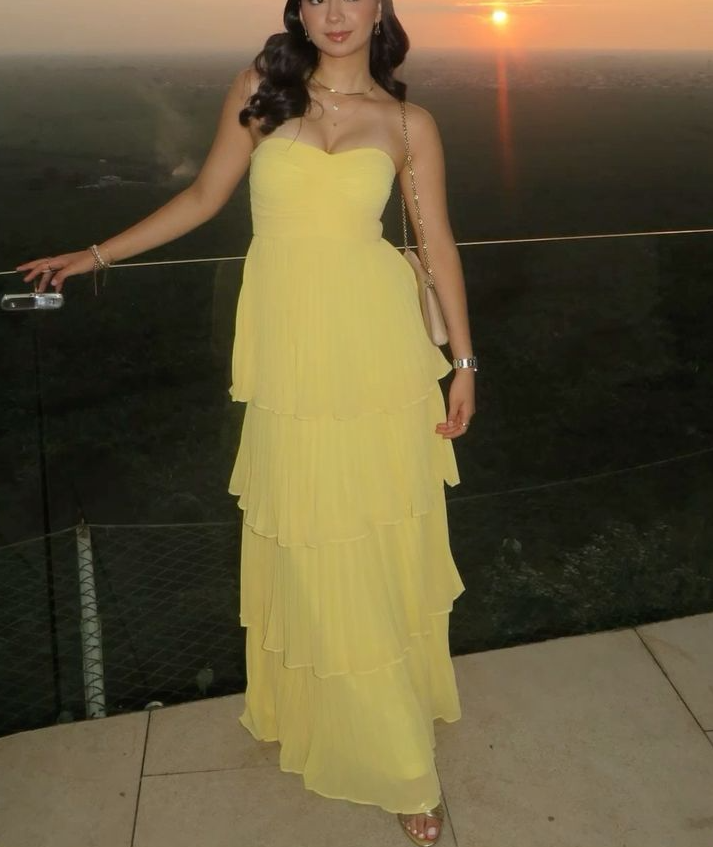 Yellow Chiffon Long Prom Dress Sleeveless Zipper Built-in Bra