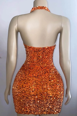 Sequin Halter V-Neck Backless Sparkly Homecoming Dress with Bra